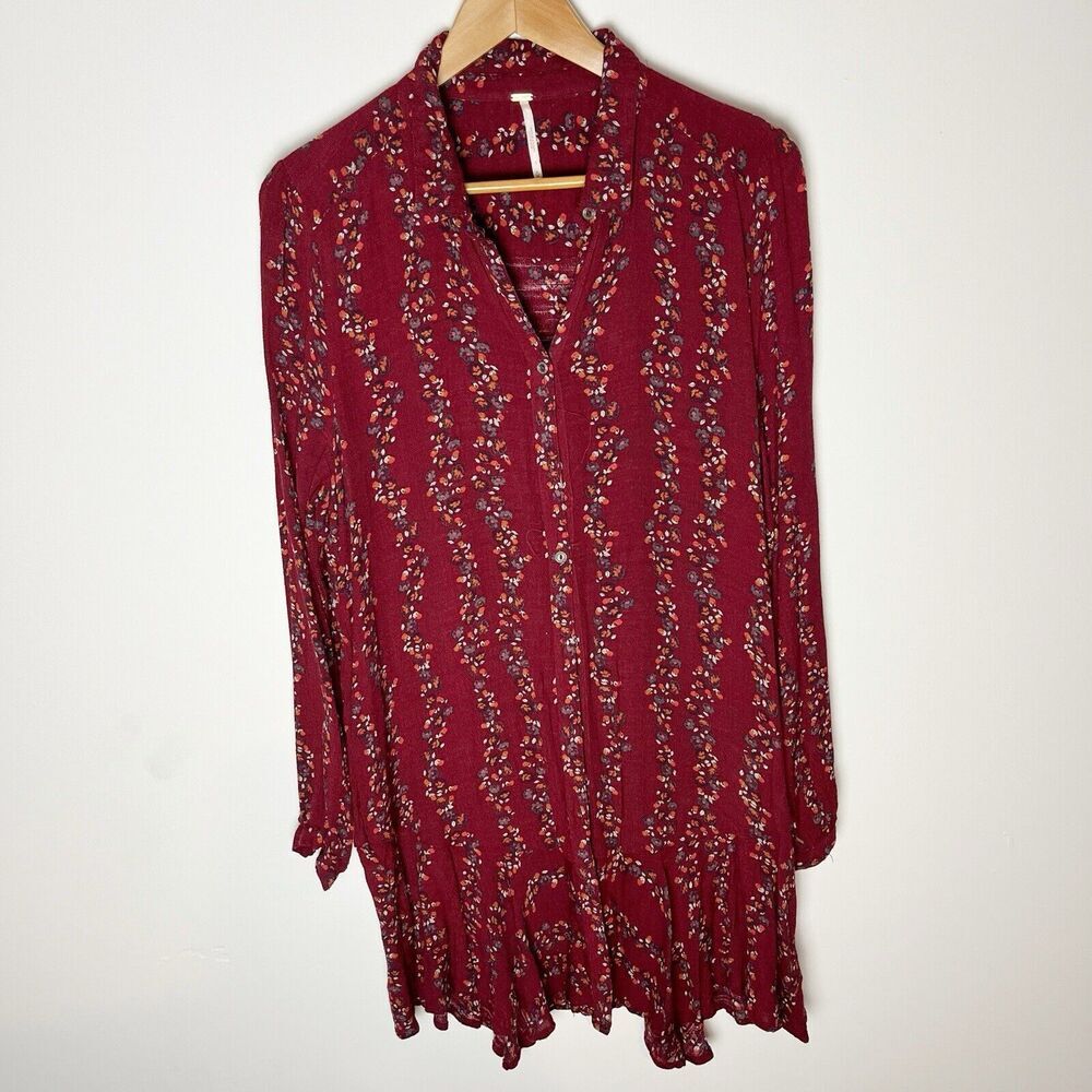 Free People Burgundy Floral Shirt‎ Dress Size M Girl Meets World Boho​